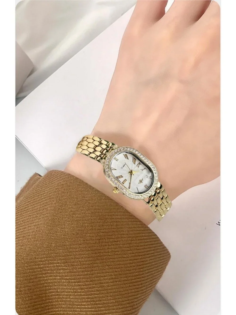 Women's Gold White Oval Case Adjustable Stainless Steel Analog Wrist Watches